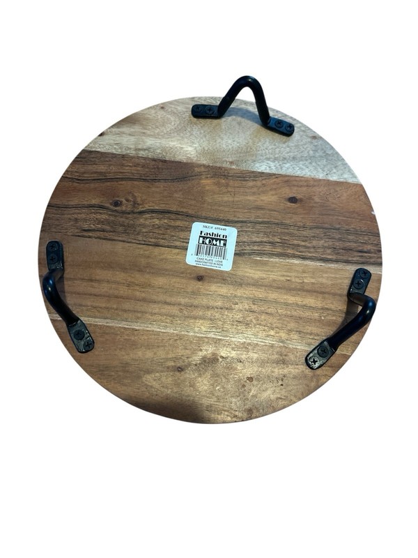 Light Walnut Colored Cake Plate With Black Metal Legs gallery