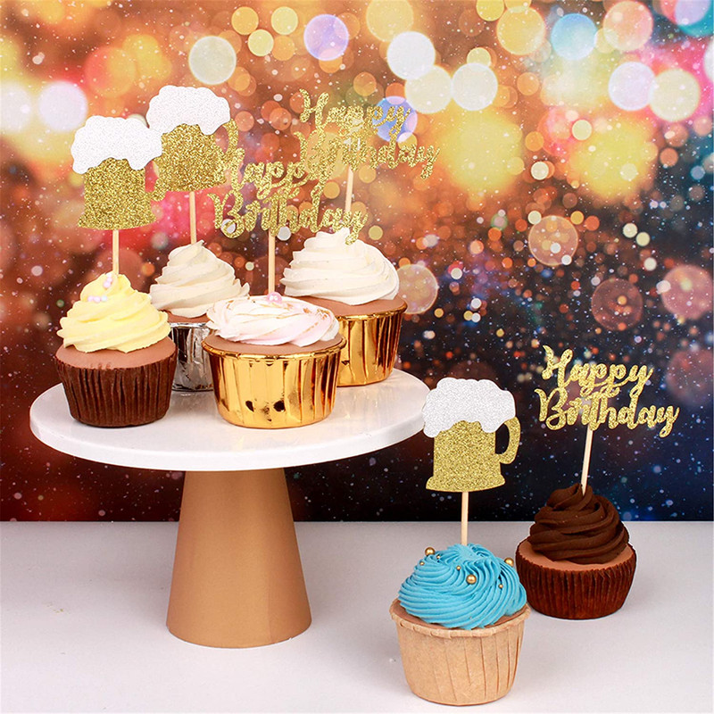 Pack of 24 Gold Glitter Happy Birthday Cupcake Topper Beers Mug/Beer Cup Cupcake gallery