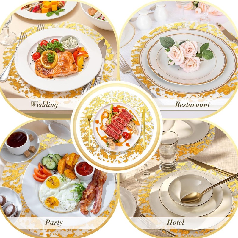 KesaPlan 100 PCS Disposable Gold Placemats Set, 13" Metallic Round Doilies fo... gallery