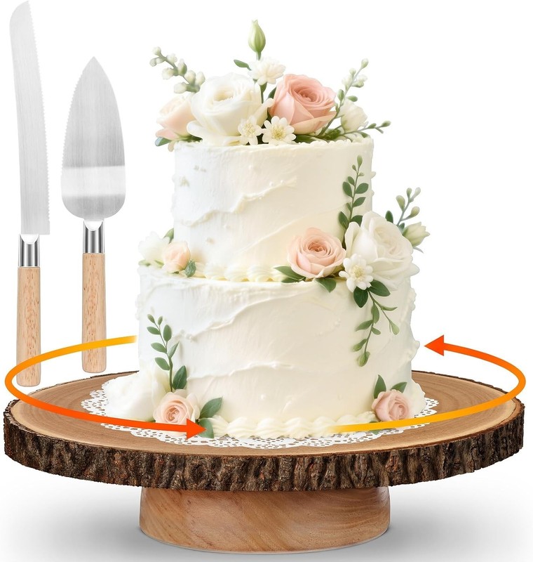 Rotating Cake Stand 12" Wood Cake Stand with Cake Cutting Set,Rustic Wooden C... gallery