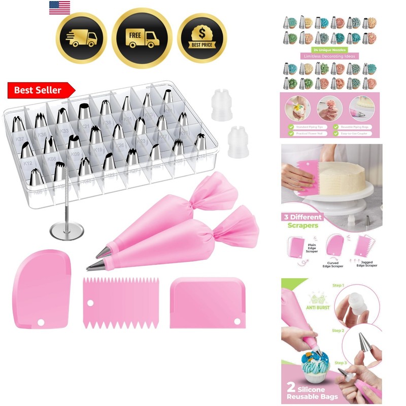 32-Piece Piping Bags and Tips Set with 24 Icing Piping Tips, 2 Reusable Pastr…