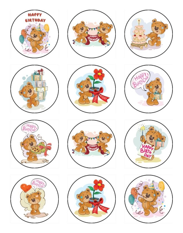 Teddy Bear Birthday Edible Cupcake Toppers Icing Cake Decoration (2 Sizes)
