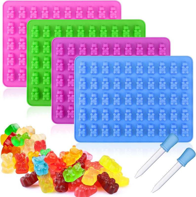 4Pcs Gummy Bear Mold Silicone, Fruit Snack Molds, Gummies Trays Molds with Dropp