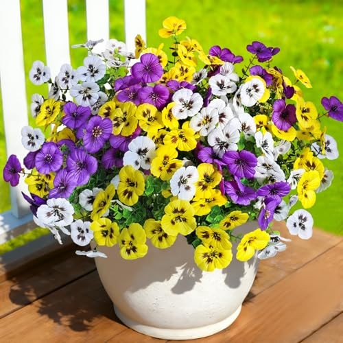 Artificial Fake Pansy Flowers for Outdoors, Faux 20 Pcs Purple, Yellow, White gallery