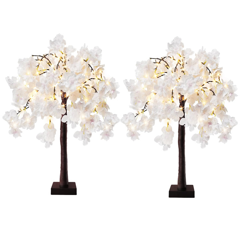 Obbsie 24 Inch Lighted Cherry Blossom Tree 2 Pack Artificial Bonsai Flower Tree