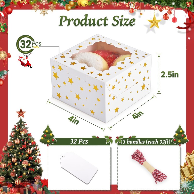 32Pcs 4x4x2.5 in Christmas Cookie Boxes with Window, White Bakery Boxes for C... gallery