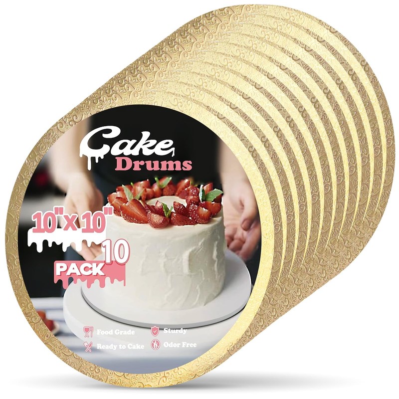 10 PCS Cake Boards 10 Inch Round 1/2 Inch Thick Drum Gold Cardboard Circles