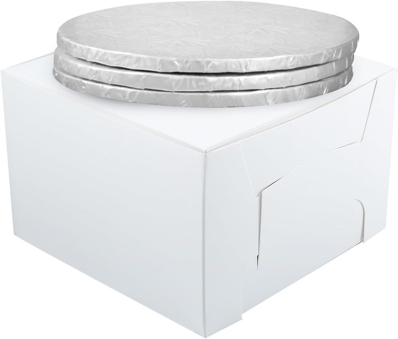 10″ Combo Box Set – 10X10X5 1/2 White Cake Box with 10″ Silver round Drum 1/2″,