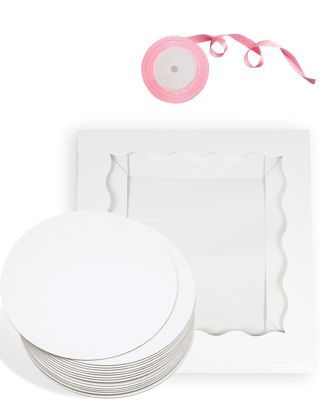 18 Sets White 12x12x8 Inch Cake Box with Window 12 Board Silk Ribbon gallery