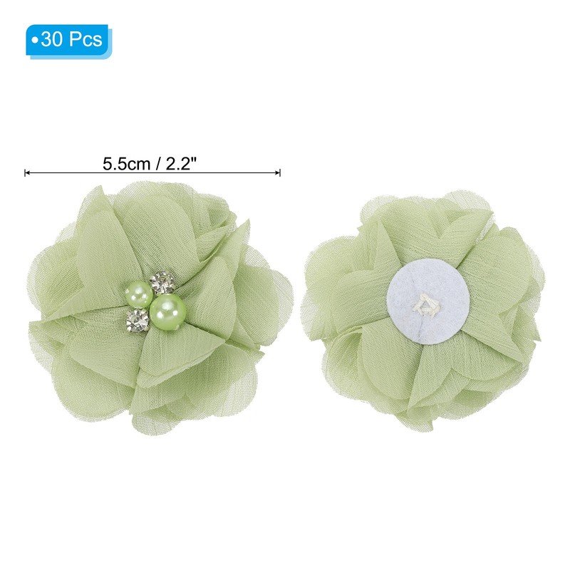 30Pcs 2" Chiffon Flowers with Rhinestone Pearl Appliques Decorate Light Green gallery