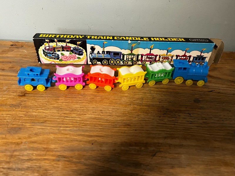 Vintage BIRTHDAY TRAIN CANDLE HOLDER with BOX Plastic Train