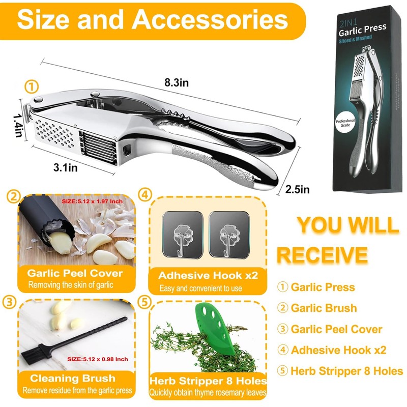 SAYLVME Garlic Press and Slicer 3 In 1, Food Grade Stainless Standard, Silver gallery