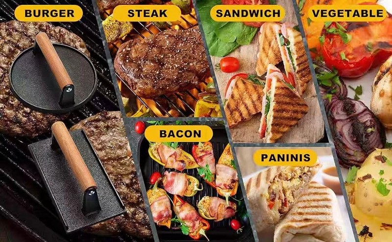 8 Inch Cast Iron Bacon Grill Press Heavy Duty Steak Burger Press Black gallery