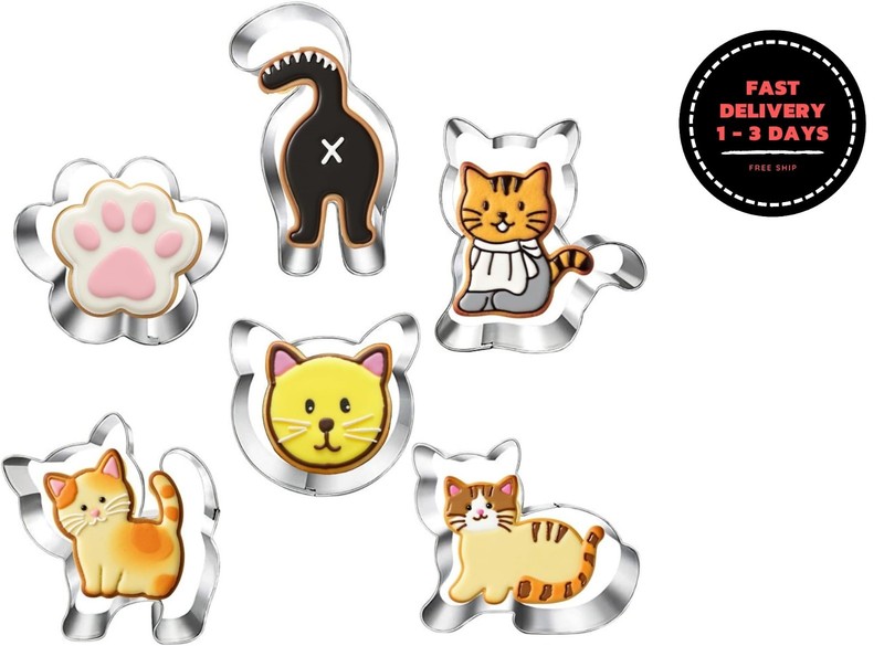Juego de cortadores de galletas de gatito (6 piezas): cara de gato, trasero…
