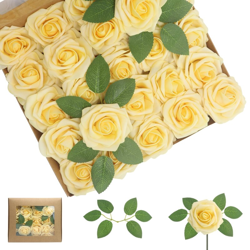 WANTMAZOR 50Pcs Creamy Yellow Artificial Foam Roses w/Leaves for DIY Decor