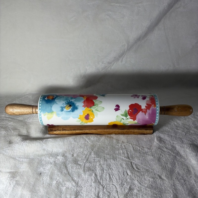 Pioneer Woman Breezy Blossom Ceramic Rolling Pin with Wood Stand - Retired! gallery