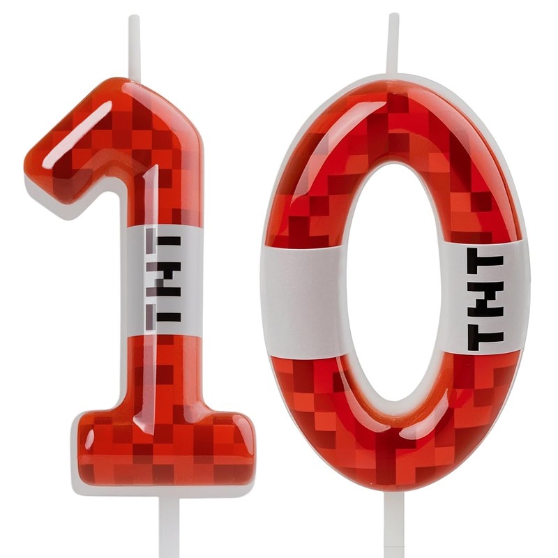 TNT Themed Birthday Candles for Boys Girls, Craft Pixels Cake Number 10, Red