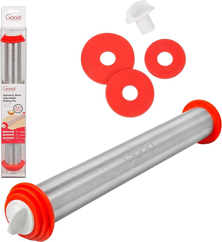 Adjustable XL Pastry Rolling Pin w/ 3 Spacer Rings Adjust Dough Height for