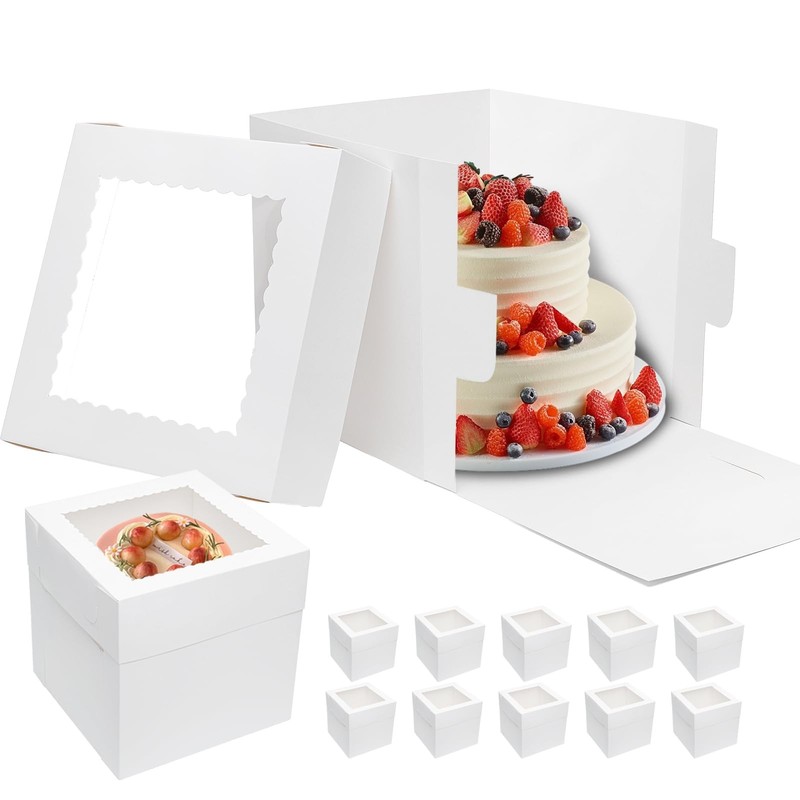 10pcs Cake Boxes 12 Inch 12x12x12 Tall Cake Boxes with Window for Tier Baking…