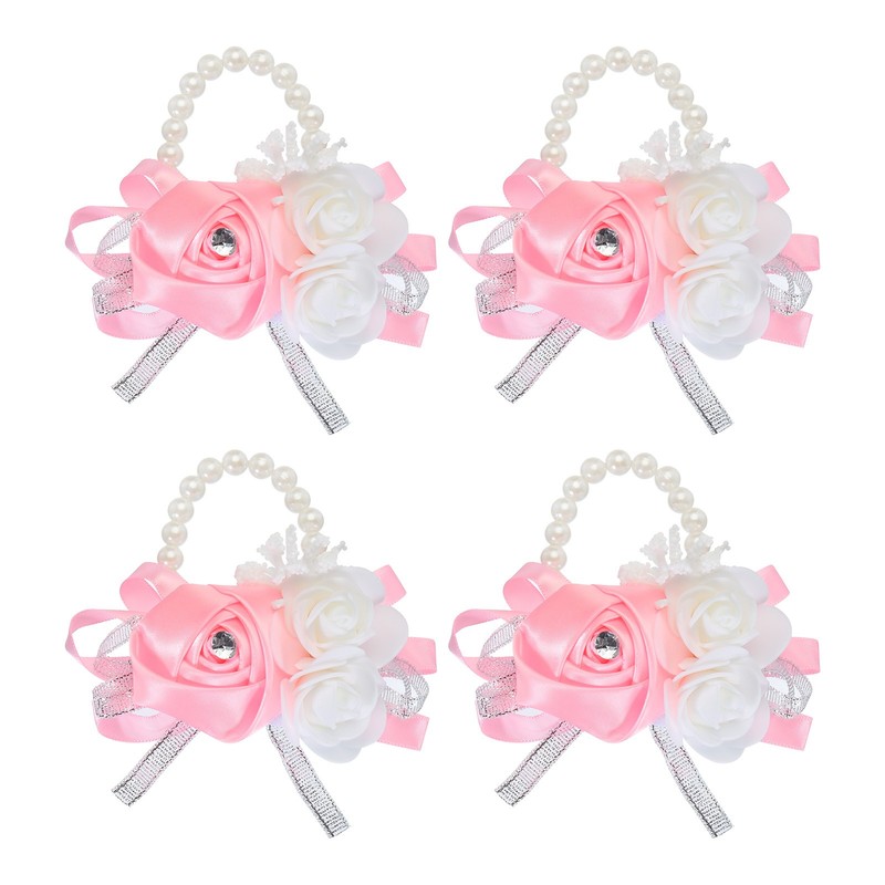 Wrist Corsage Artificial Flower Bracelets Pack of 4 Rose Wrist Pink