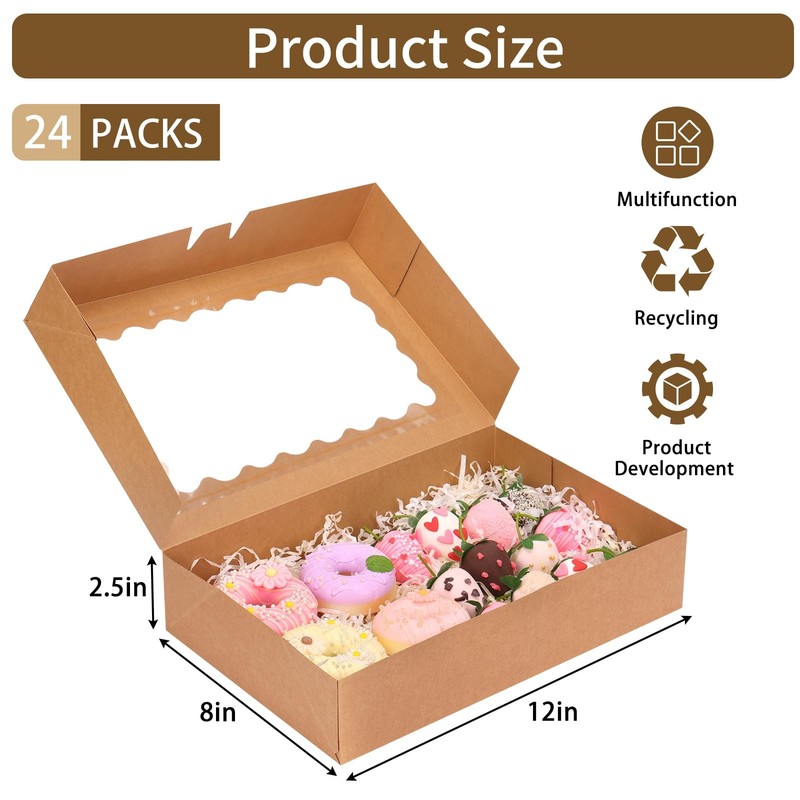 Brown Bakery Pastry Boxes Window 12x8x2.5 Inches AutoPopup Cookie 24 PCS gallery