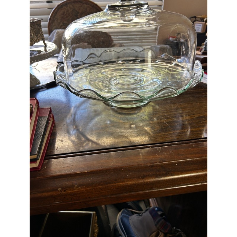 Vintage Clear Glass Cake Stand with Scalloped Rim and Dome Lid Pedestal Base