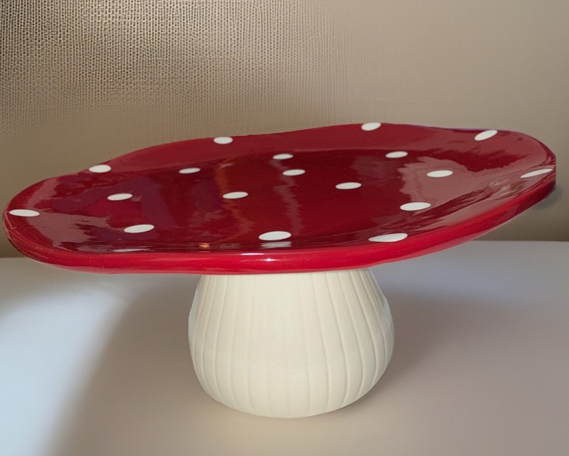 Ceramic Pedestal Mushroom Tray / Cake Stand Red Top With White PolkaDots 11” gallery