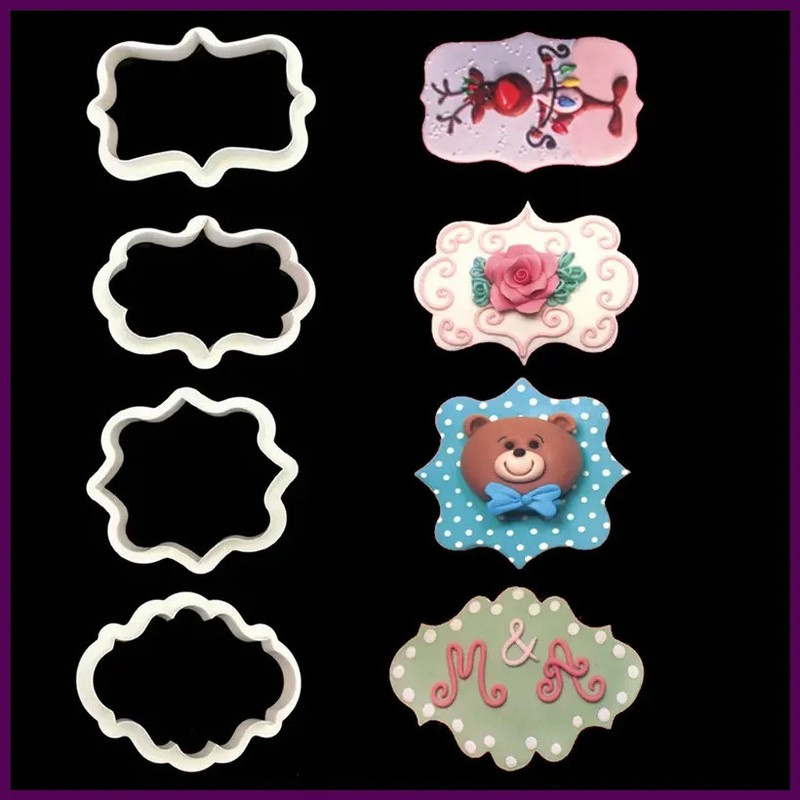 4Pcs/Lot Vintage Plaque Frame Cookie Cutter Set Plastic Biscuit Mould Cake