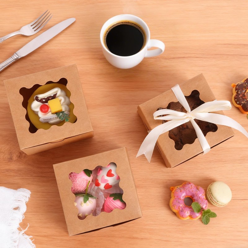 24pcs Bakery Boxes with Window, 4x4x2.5 Inches Brown Cookie Boxes for Small P gallery