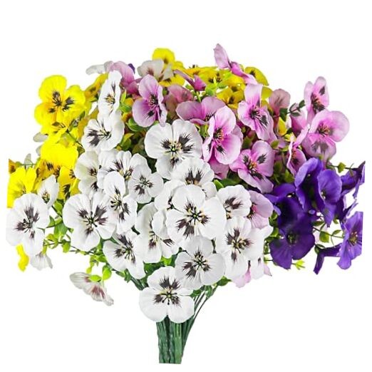 Artificial Fake Pansy Flowers for Outdoor, UV Yellow Purple White Pink