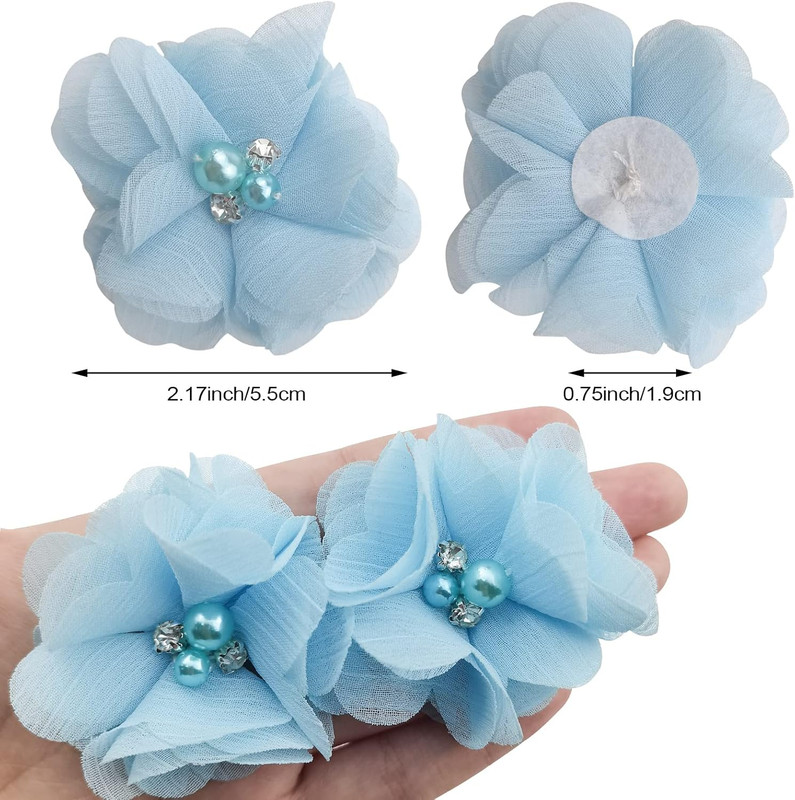 30 PCS Rhinestone Pearl Blue Chiffon Flower Sewing Fabric Appliques for Cloth... gallery