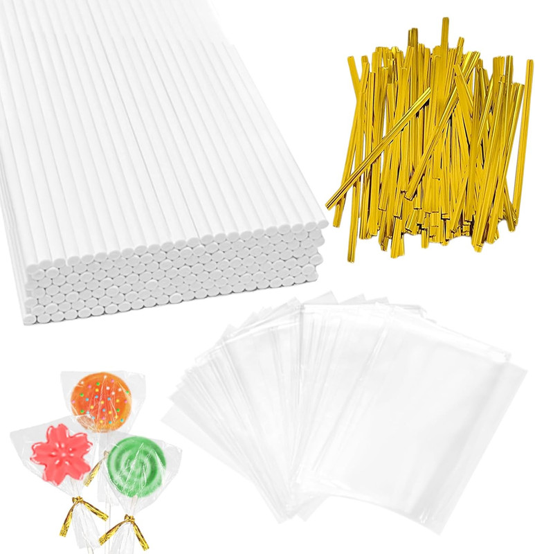 300 PCS Cake Pop Sticks and Wrappers Kit, Including 100Ct 6-Inch Paper Lollipop