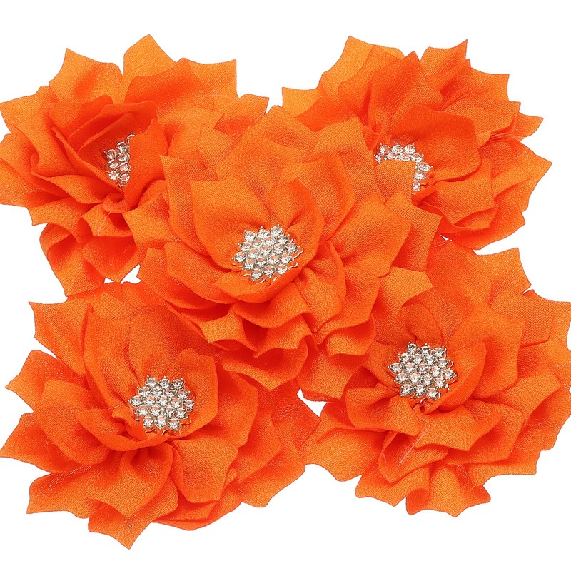 3.5″ Rhinestone Pearl Chiffon Flower, 5 Pcs Sewing Fabric Appliques, Orange