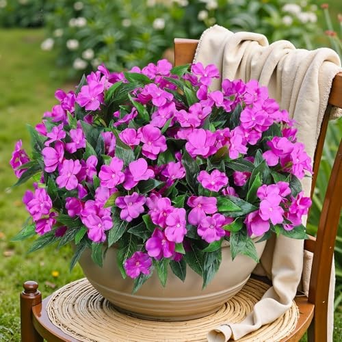 6 Bundles Artificial Impatiens Flowers for Outdoors Decoration, Silk Fuchsia
