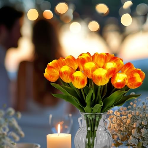 20 Stems LED Lighted Artificial Flowers Tulip Lamp Real Touch Tulips Orange gallery