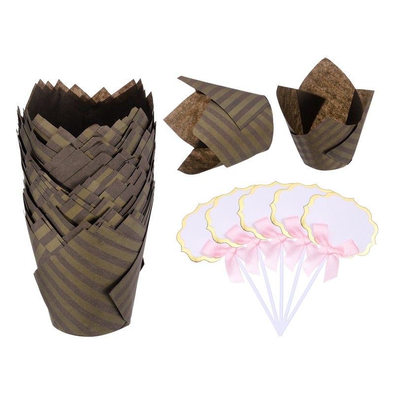 50Pcs Tulip Cupcake Liners with 5Pcs Cheese Markers Striped Liners, Brown