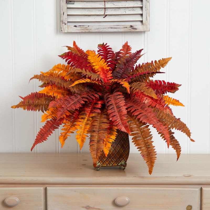 Nearly Natural Autumn Boston Fern Artificial Plant In Metal Planter 8539 gallery