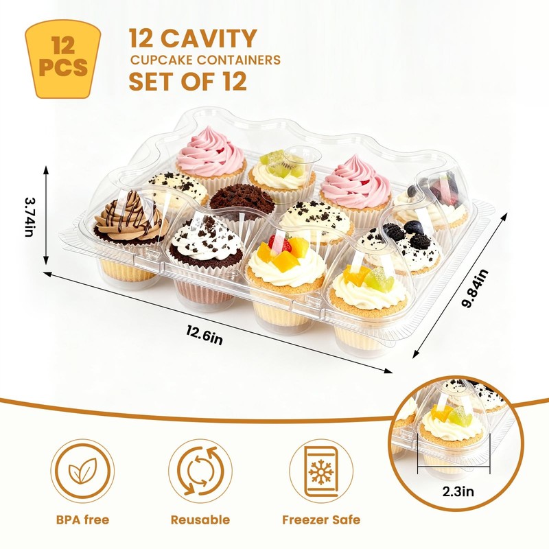 12 CountX12 Pack Cupcake Containers Stackable Carrier with 144 Liners Clear gallery