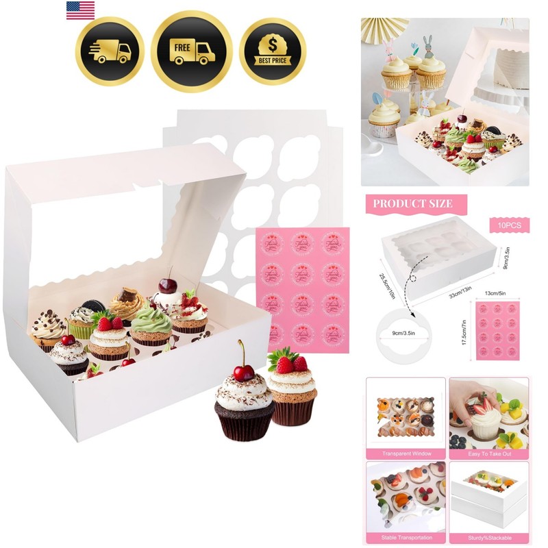 Cupcake Boxes 10 PCS, 12 Count Cupcake Containers with Window and Inserts, Qu...