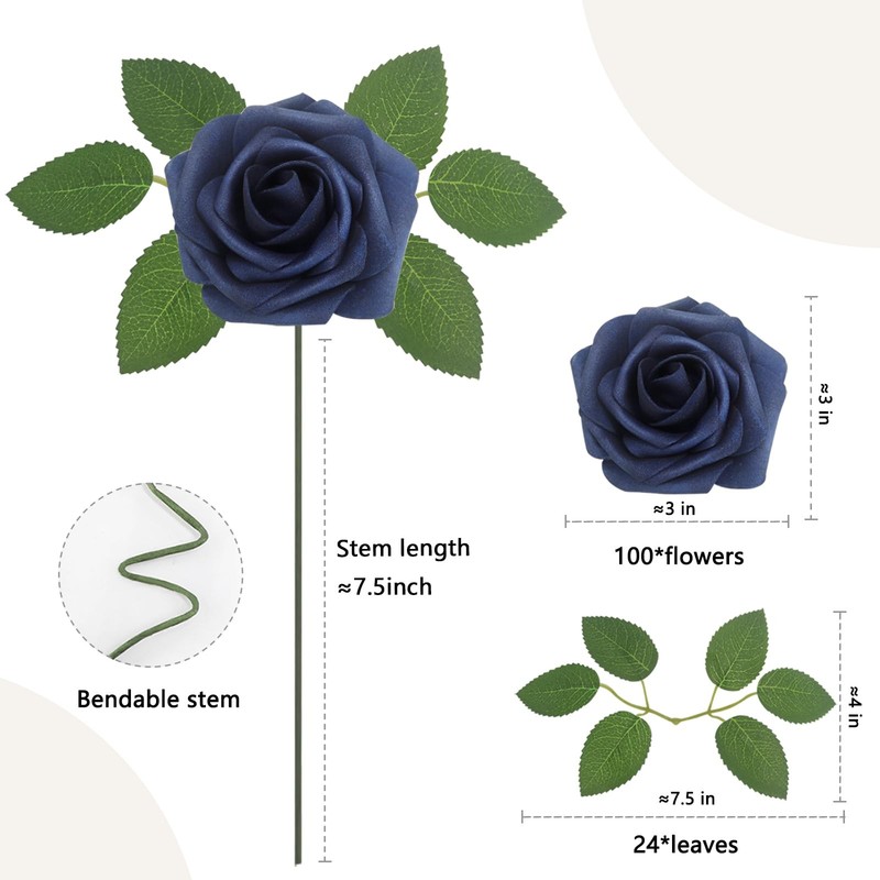 WANTMAZOR 100pc Navy Blue Artificial Foam Roses Fake Flowers Real Looking gallery