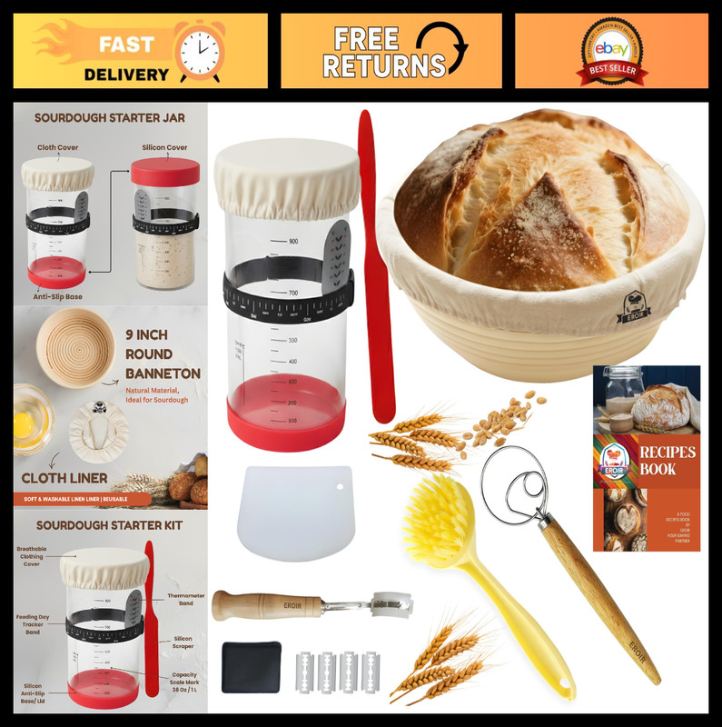 Sourdough Starter Kit – 38oz Glass Jar, Date Marked Band, Thermometer, Proofing