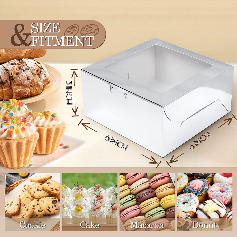 Bakery Boxes With Window 6x6x3 Inches Cookie Pastry Candy Donuts Silver 65 PCS gallery