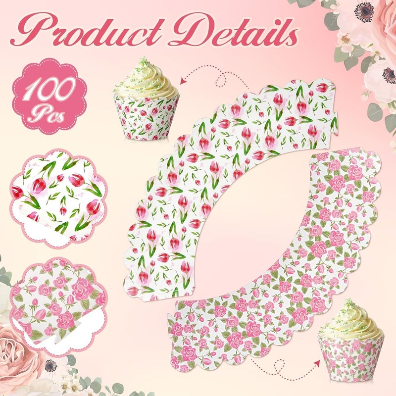 100 Pcs Vintage Floral Cupcake Wrappers Spring Flower Cupcake Liners Muffin Cake gallery
