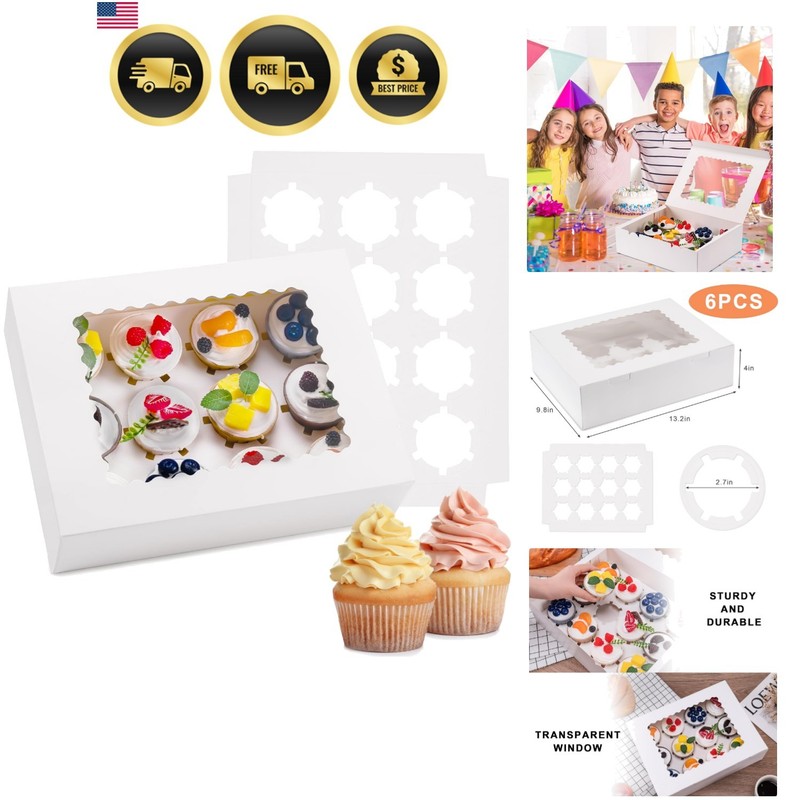 6PCS Cupcake Boxes – Hold 12 Count Cupcake Containers with Window, Food Grade…