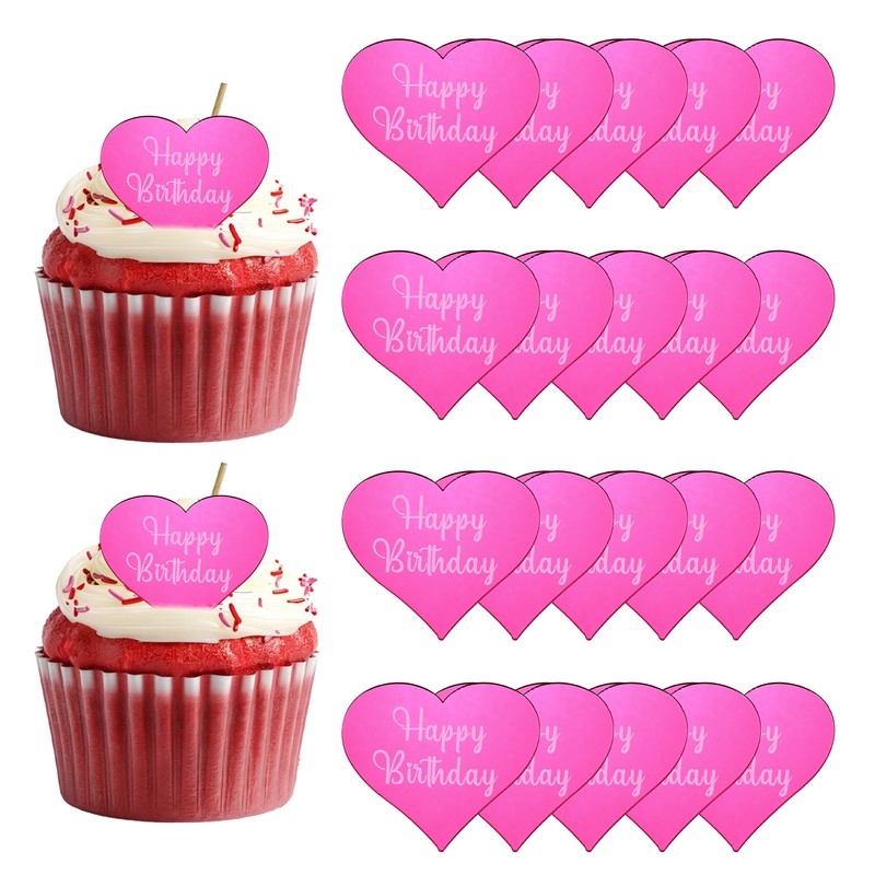 20Pcs Acrylic Mirror Happy Birthday Cupcake Toppers Heart Shapes, 004-Rose Red