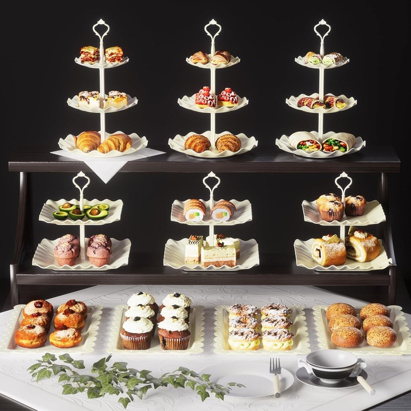 10 Pack Cake Stand Set W/ 3 x Two-Tier & 3 x Three-Tier Cupcake Stands Plastic gallery