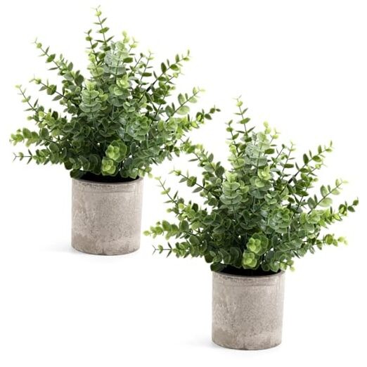 Pack Small Fake Plants 14″ Eucalyptus Potted Artificial 2 Sage Green-large