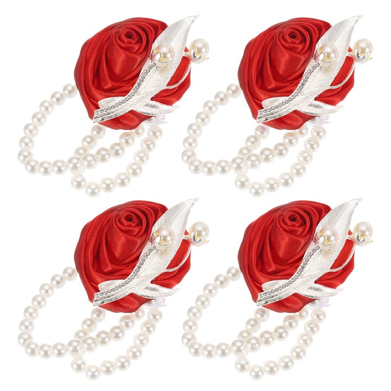 4 Piece Artificial Flowers Bracelet for Wrist Corsage, 2.4 x 2.8 Inches Red