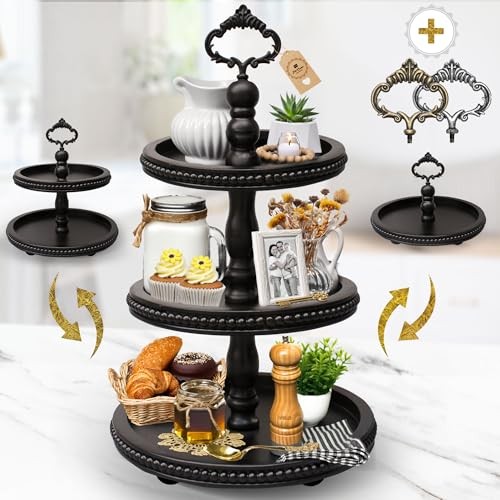 3-in-1 Wooden Tiered Tray Stand - Beaded 3 Tiered Tray Decor - 3-Tier Black gallery