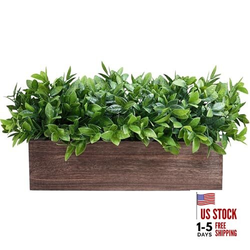 14″ Artificial Plants in Rectangular Wood Planter Farmhouse Greenery Boxwood